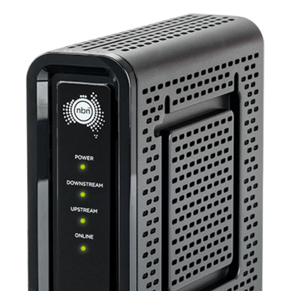 nbn Hybrid Fibre Coaxial modem with status lights, used to connect properties to the nbn network via fibre and coaxial cable.