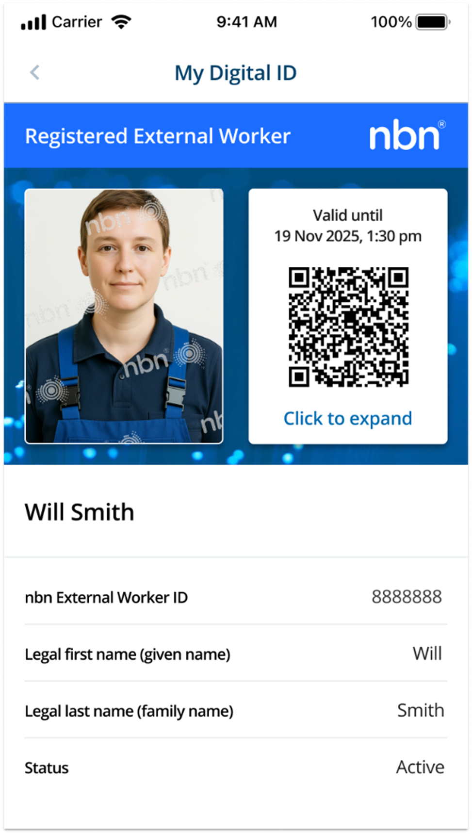 nbn digital identification card showing a QR code and a picture of a womans face