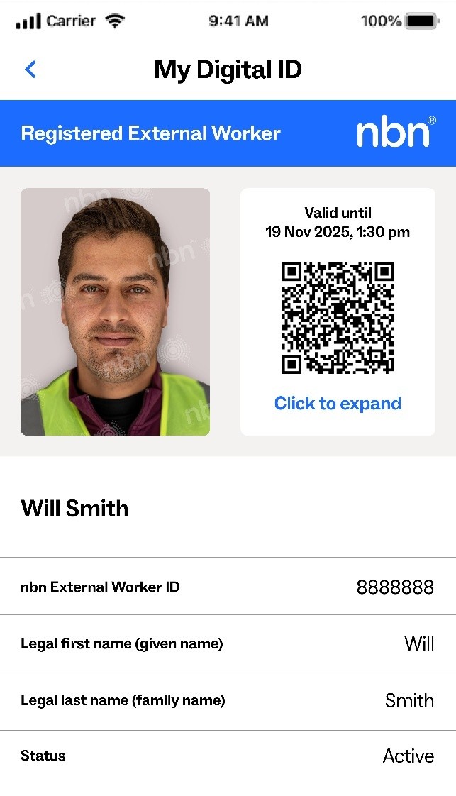 nbn digital identification card showing a QR code and a picture of a mans face